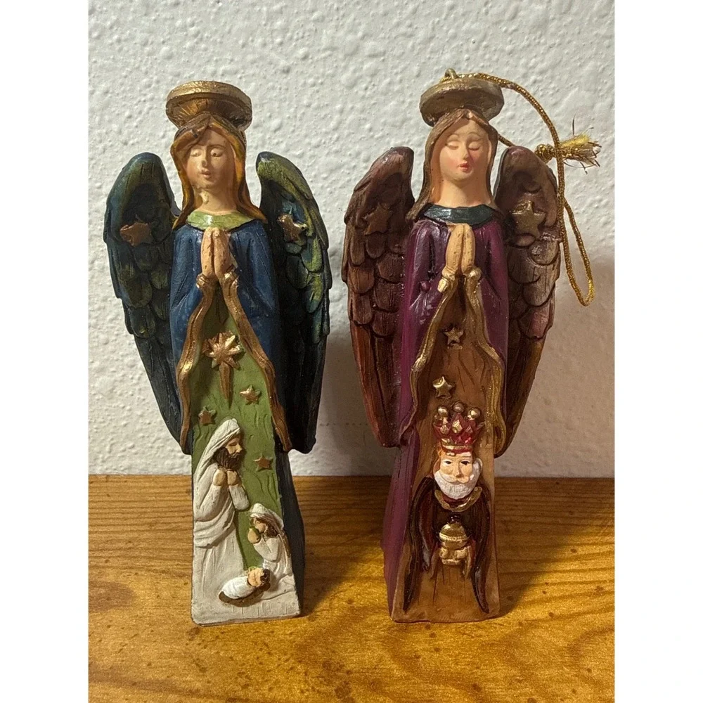 Vintage Style Resin Angel Nativity Wise Man Figurine Ornament Set of 2 Multi